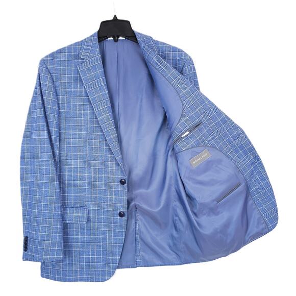 Michael Kors Men's Classic-Fit Stretch Sport Coat Blue White Plaid 46R NWT - Picture 2 of 7